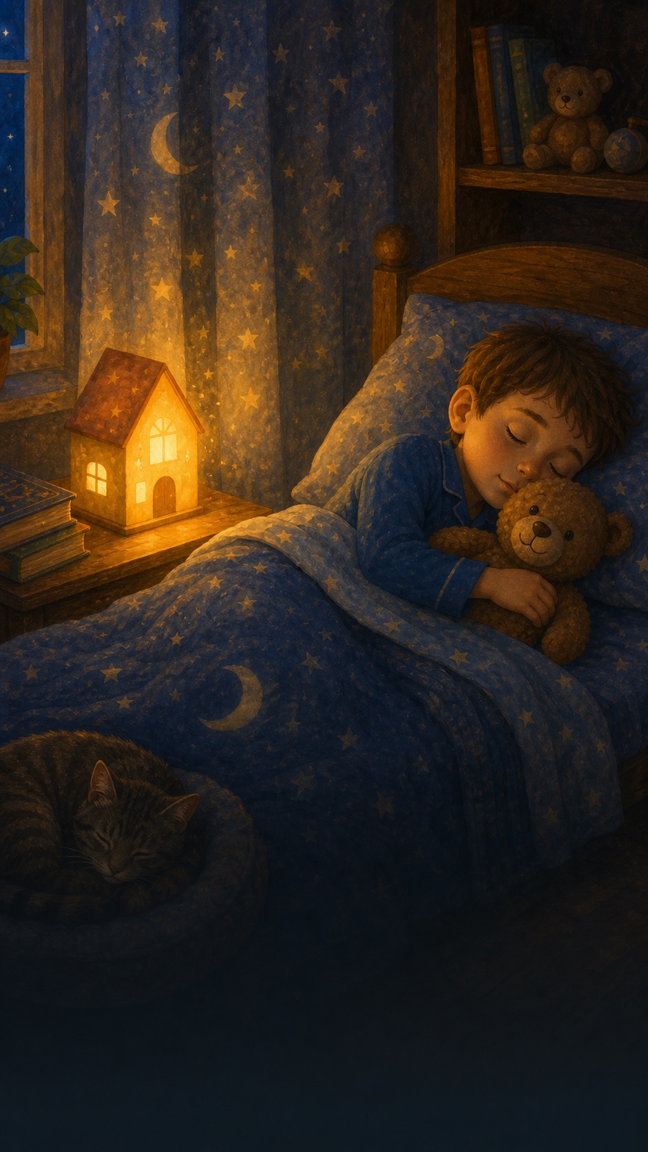 A child sleeps peacefully in a warm room